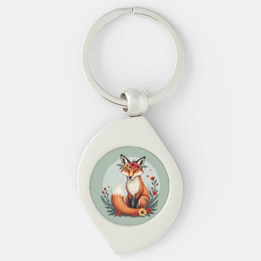 Betoverende Floral Fox Woodland Folk Art Sleutelhanger (Voorkant)