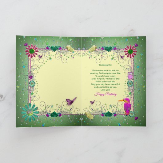 Betoverende groene / gele verjaardag, peetdochter kaart (Binnen)