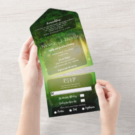 Betoverende groene gloed bos houten bruiloft all in one uitnodiging
