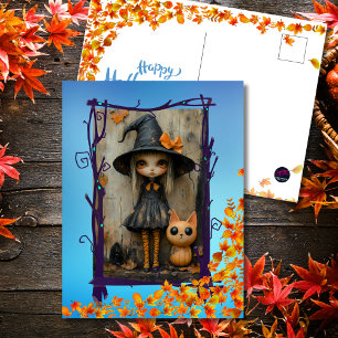 Betoverende Halloween Witch Girl & Pumpkin Cat Feestdagenkaart