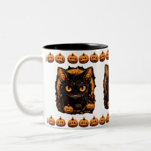 Betoverende Halloween: Zwarte Kat Tussen Pompoenen Tweekleurige Koffiemok