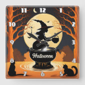 Betoverende heks brouwt drankjes onder de maan vierkante klok (Voorkant)