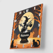 Betoverende heks brouwt drankjes onder de maan vierkante klok (Hoek)