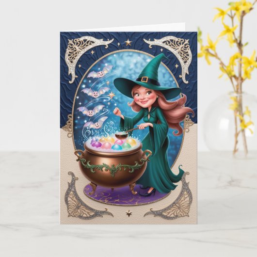 Betoverende Heks met Ketel Mystieke  Kaart (Gele Bloem)