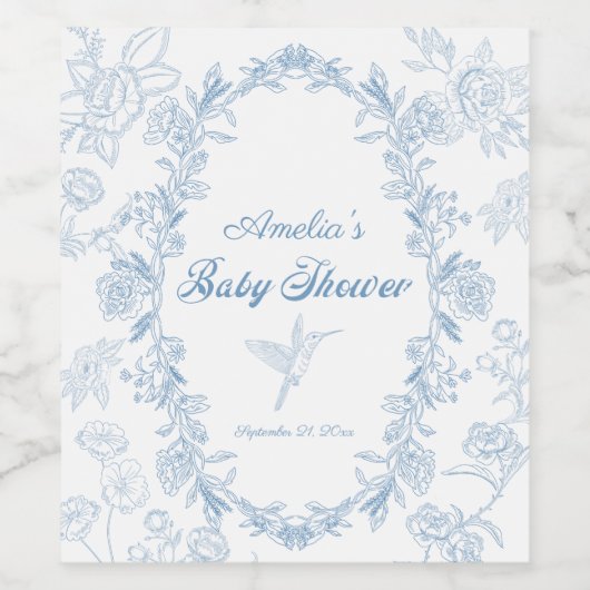 Betoverende hemelsblauwe ovale bloemenkrans Baby s Wijn Etiket (Enkel label)