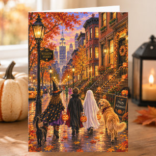 Betoverende herfst stads scène Gelukkig Halloween Kaart
