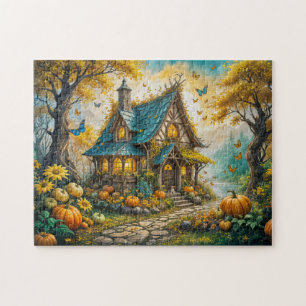 Betoverende herfstcottage met pompoenen legpuzzel