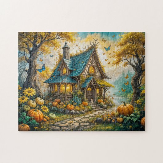 Betoverende herfstcottage met pompoenen legpuzzel (Horizontaal)