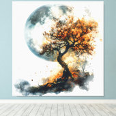 Betoverende herfstnacht: Silhouette Tree & Majesti Canvas Afdruk (Insitu (Houten vloer))