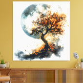 Betoverende herfstnacht: Silhouette Tree & Majesti Canvas Afdruk (Insitu (Woonkamer))
