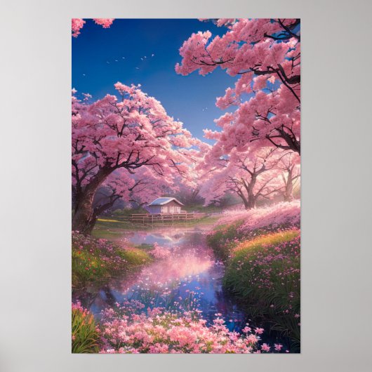 Betoverende Hut te midden van Sakura bomen Poster (Voorkant)