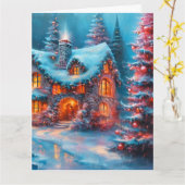 Betoverende kerststenen huisje kaart (Gele Bloem)