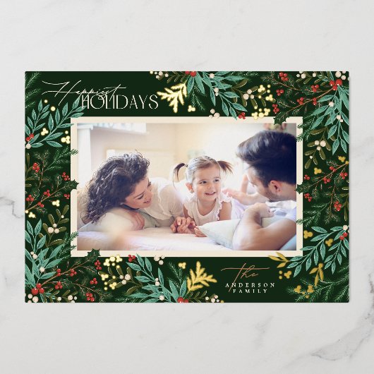 betoverende klassieke botanische smaragd 1 foto ge folie feestdagenkaart (Voorkant)