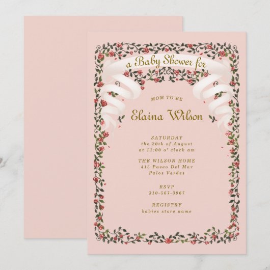 Betoverende linten en Rozen Roze Baby shower Kaart (Voorkant / Achterkant)