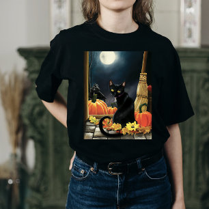 Betoverende Maanverlichte Zwarte Herfstkat Pompoen T-shirt