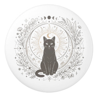 Betoverende Magische Kat Apotheek – Zon & Maan Keramische Knop