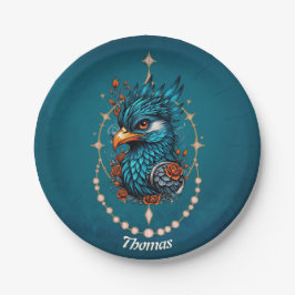 Betoverende majestueuze blauwe vogel. papieren bordje