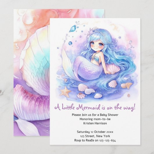 Betoverende Mermaid Waterverf Baby shower Kaart (Voorkant / Achterkant)