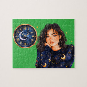 : Betoverende Night Sky Girl met Maanklok Legpuzzel