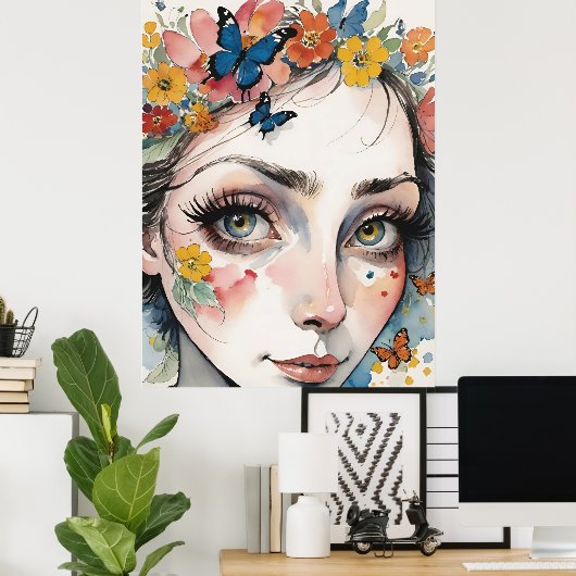 Betoverende ogen te midden van vlinders & bloemen poster (Thuiskantoor)