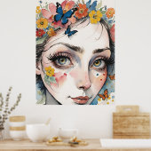 Betoverende ogen te midden van vlinders & bloemen poster (Keuken)