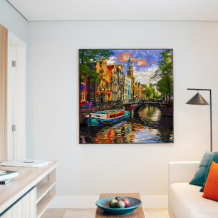 Betoverende olieverf van de Amsterdamse grachtenar Poster