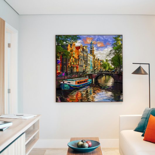 Betoverende olieverf van de Amsterdamse grachtenar Poster