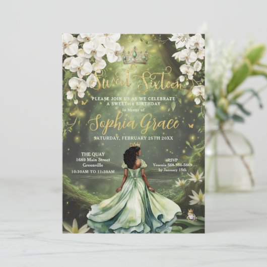 Betoverende prinses & kikker groene jurk Sweet 16 Kaart (Staand voorkant)