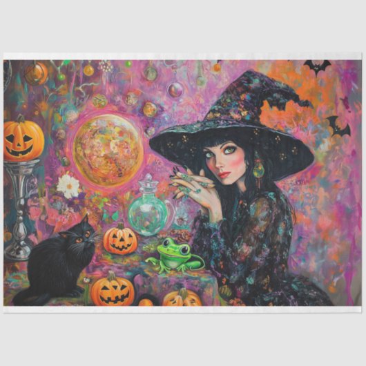 Betoverende Pumpkin Witch Halloween Decoupage Tissuepapier (Voorkant)