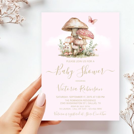 Betoverende roze bos paddestoel Baby shower Kaart