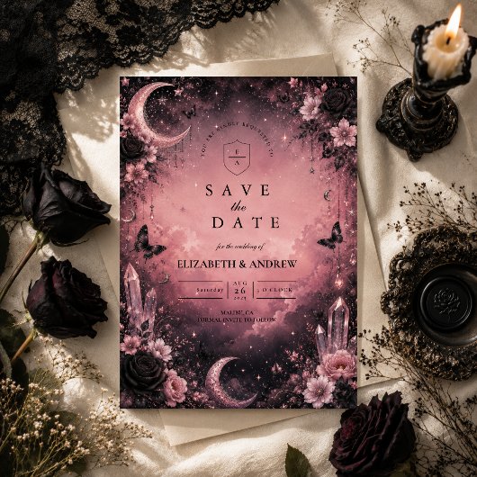 Betoverende Roze Gothische Bruiloft Save The Date