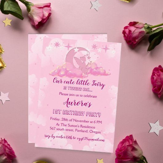 Betoverende roze kleine fee in de wolken Verjaarda Kaart