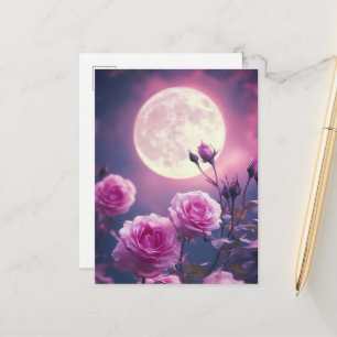 Betoverende Roze Maan & Bloeiende Rozen Fantasie K Briefkaart