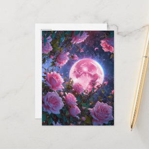 Betoverende Roze Maan & Bloeiende Rozen Fantasie K Briefkaart