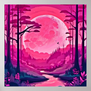 Betoverende Roze Maan: Cartoon Art Poster