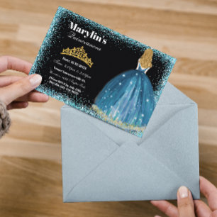 Betoverende Turquoise Glitter Prinses Quinceañera Kaart