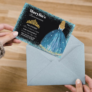 Betoverende Turquoise Glitter Prinses Quinceañera Kaart