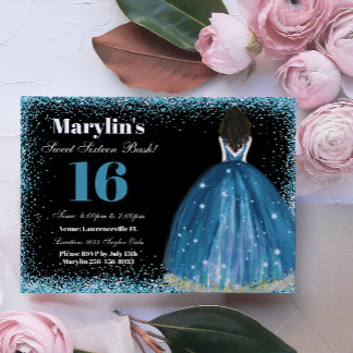 Betoverende Turquoise Glitter Prinses Quinceanera Kaart