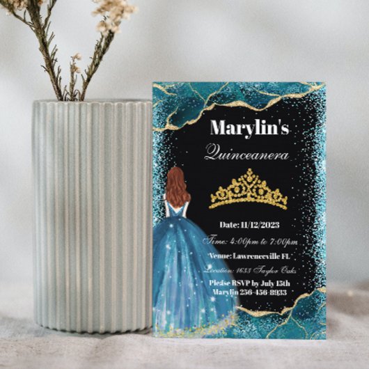 Betoverende Turquoise Glitter Prinses Quinceañera Kaart