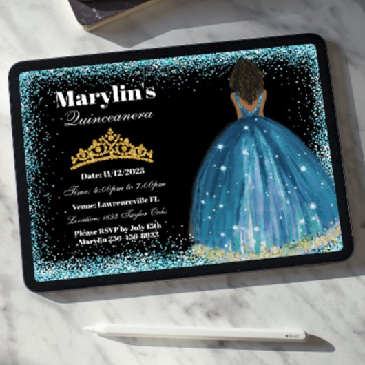 Betoverende Turquoise Glitter Prinses Quinceañera Kaart