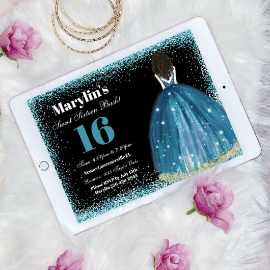 Betoverende Turquoise Glitter Prinses Quinceanera Kaart