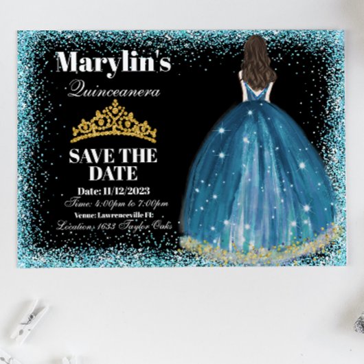 Betoverende Turquoise Glitter Prinses Quinceañera Save The Date
