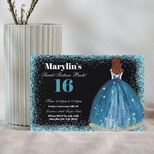 betoverende turquoise glitter prinses zoet 16 kaart