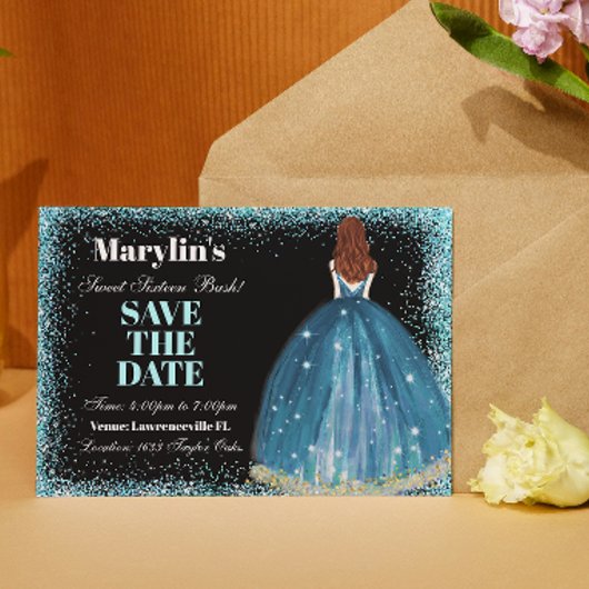betoverende turquoise glitter prinses zoet 16 save the date