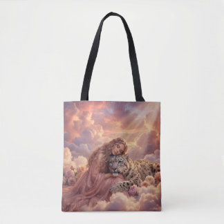 Betoverende Vrouw & Sneeuwluipaard Wolken Fantasie Tote Bag