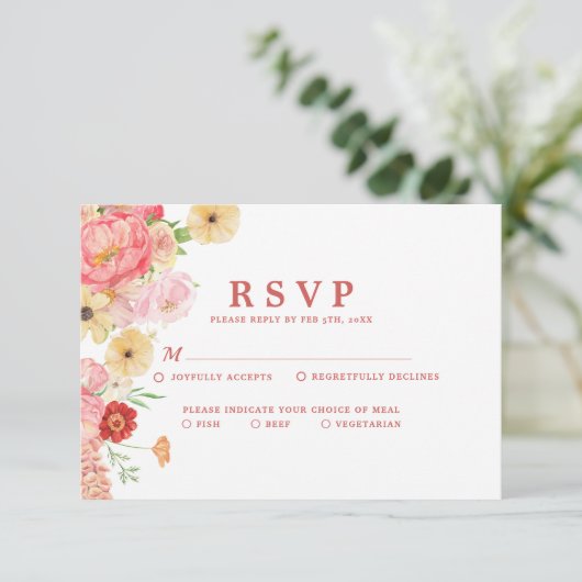 Betoverende Waterverf Bloemenperzik bruiloft RSVP Kaartje (Staand voorkant)