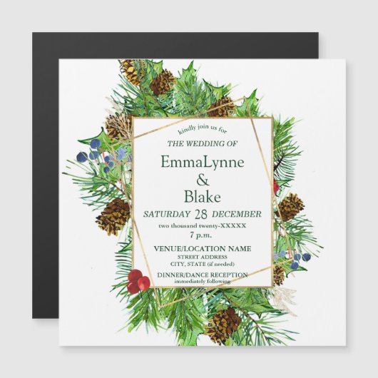 Betoverende waterverf Kerst groen Huwelijk Magnetische Uitnodiging (Voorkant / Achterkant)