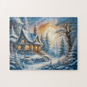 Betoverende Winter Cottage in Moonlight Legpuzzel