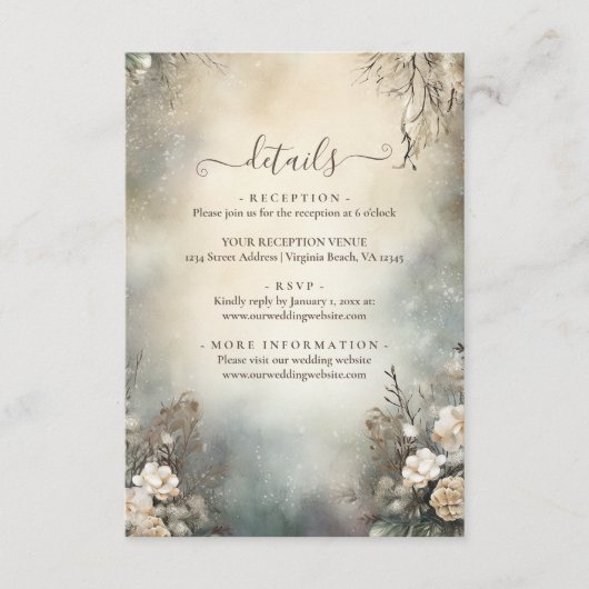 betoverende wintertuin bloemenbruiloft details informatiekaartje (Voorkant)