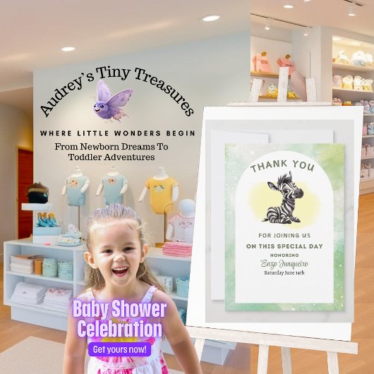 Betoverende Zebra Baby shower Flat Bedankt Card